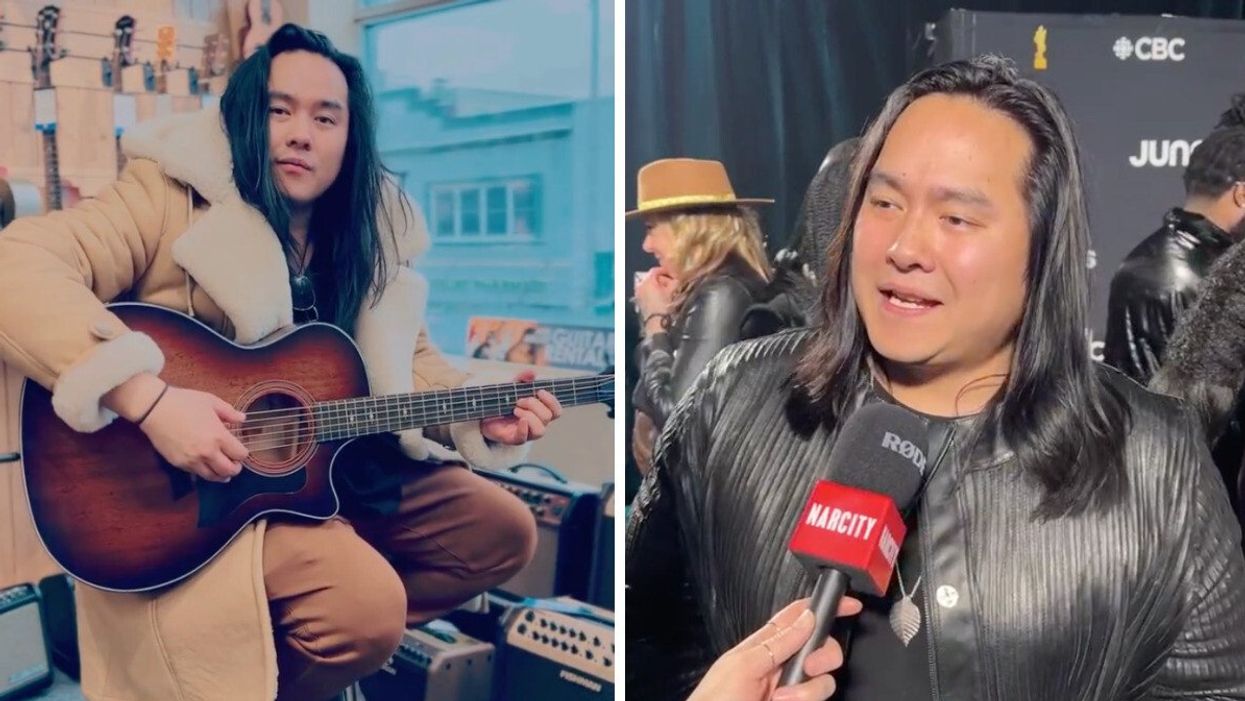 A musician playing the guitar. Right: A person speaking into a microphone that says Narcity during an interview.