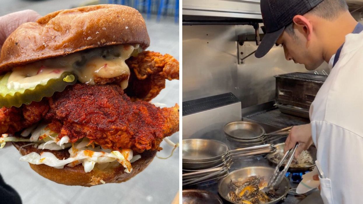 A Nashville chicken sandwich with pickles and cabbage. Right: A chef in the kitchen cooking food in a pan.