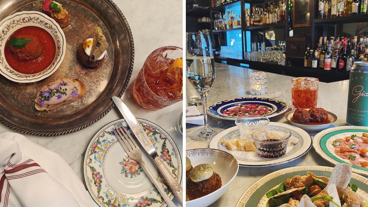 A neatly-laid table with an elegant dish and cocktail. Right: A glamorous bar full of delicate dishes, a cocktail and a glass of champagne.