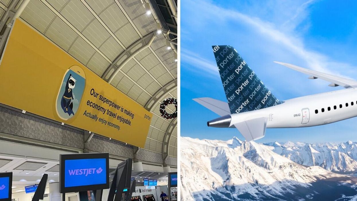 A new Porter Airline advertisement at Toronto Pearson Airport. Right: The tail of the new Porter Airlines jet.