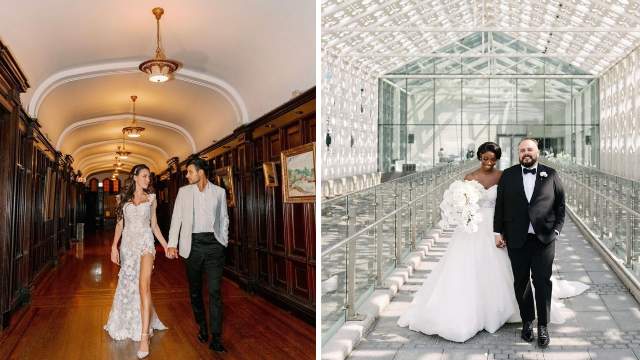 A newlywed couple walking down a wood-panelled hallway. Right: A different newlywed couple in a glassy atrium.