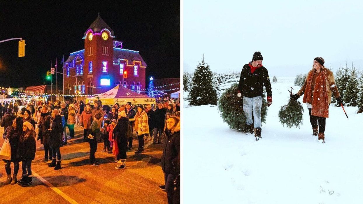 A night market in a historic town. Right: Two people carrying Christmas trees.