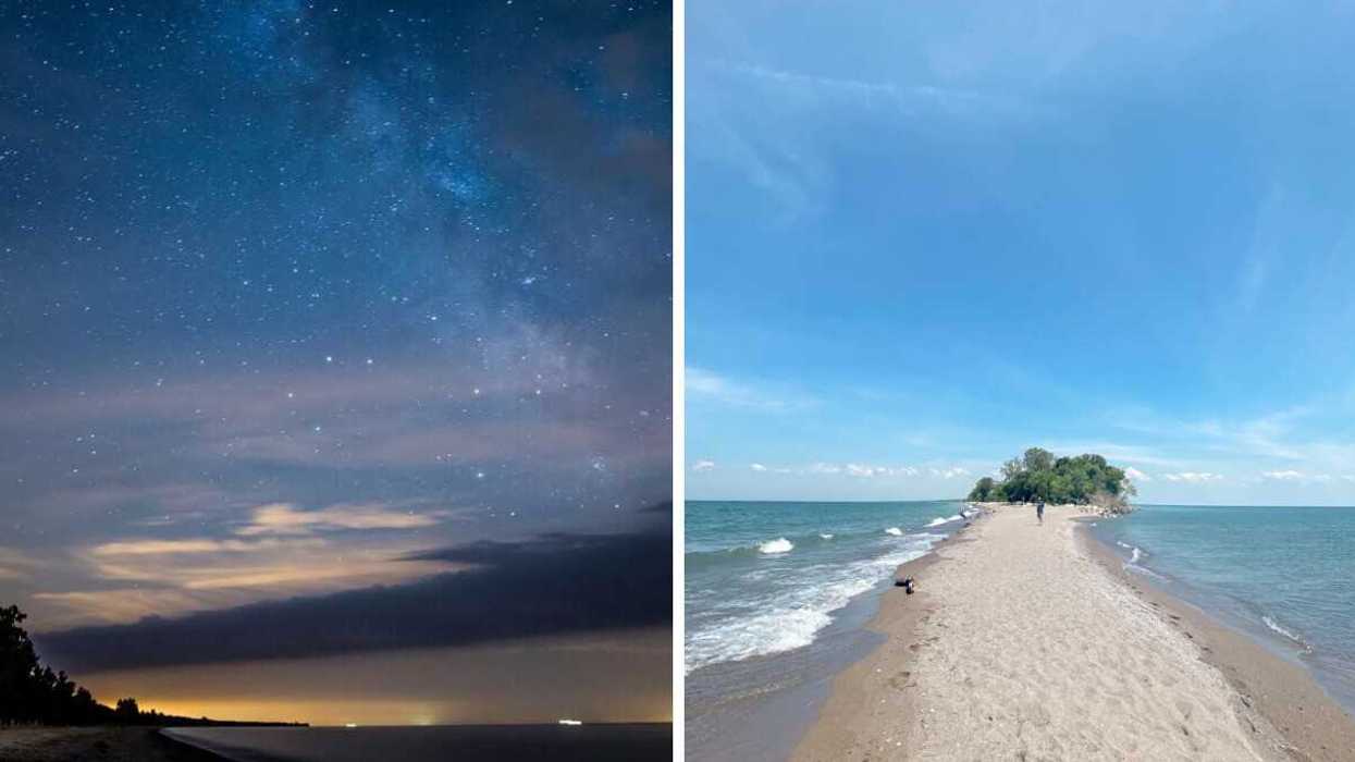 A night sky with stars. Right: A sandy peninsula.