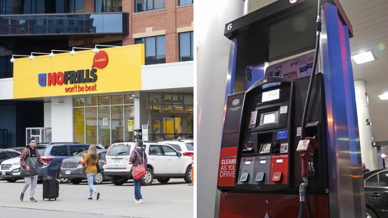 A No Frills grocery store. Right: A gas station pump.
