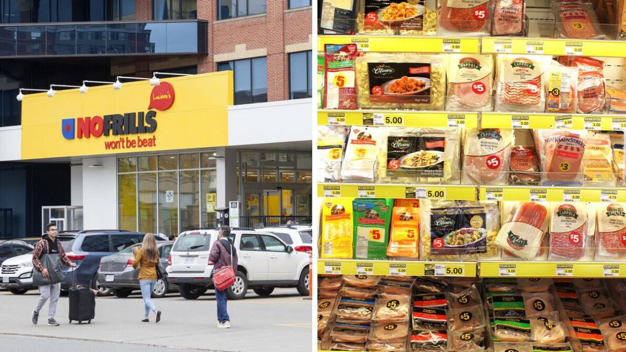 A No Frills grocery store. Right: A shelf at a grocery store.