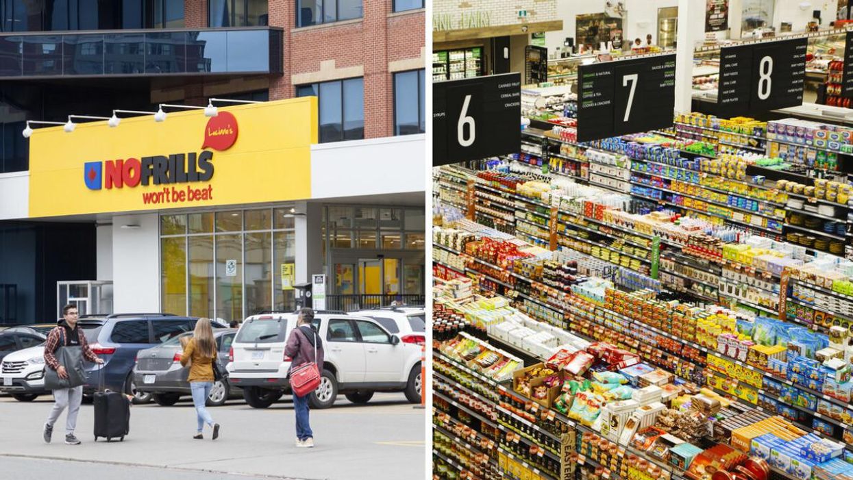 A No Frills store in Toronto. Right: Interior of a grocery store.