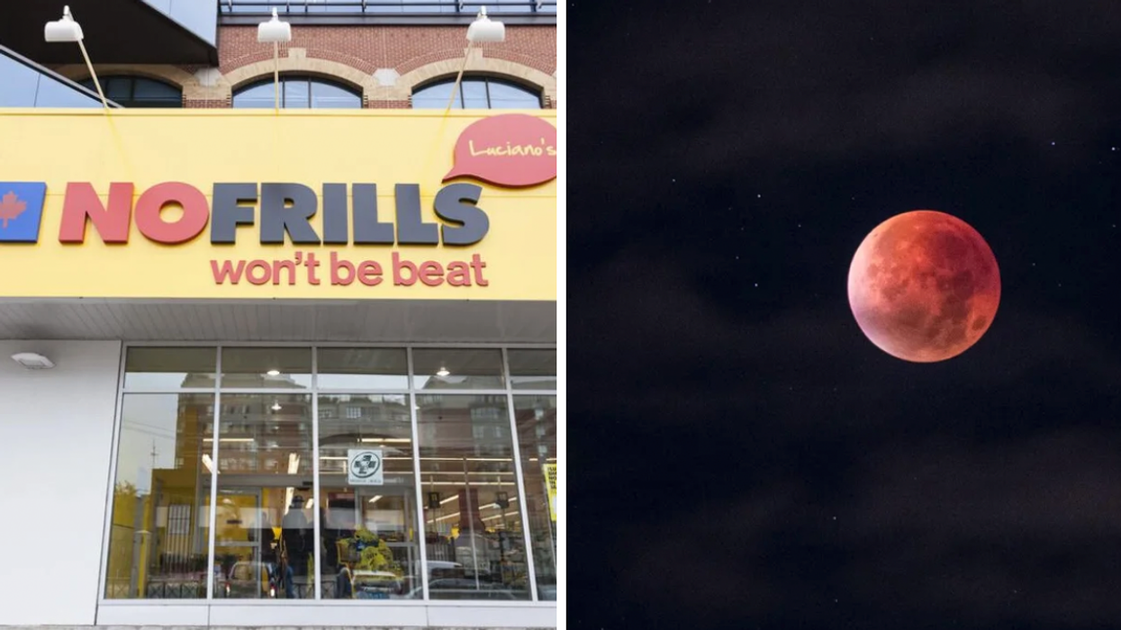 A No Frills Store in Toronto. Right: The moon turning red during a total lunar eclipse.