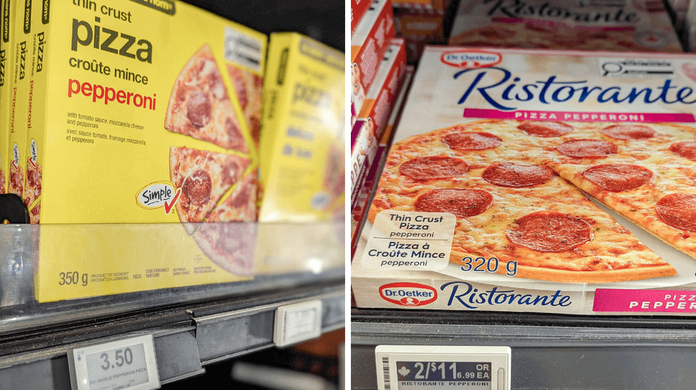A no name pizza on a store shelf. Right: Branded Ristorante pizza on store shelves.