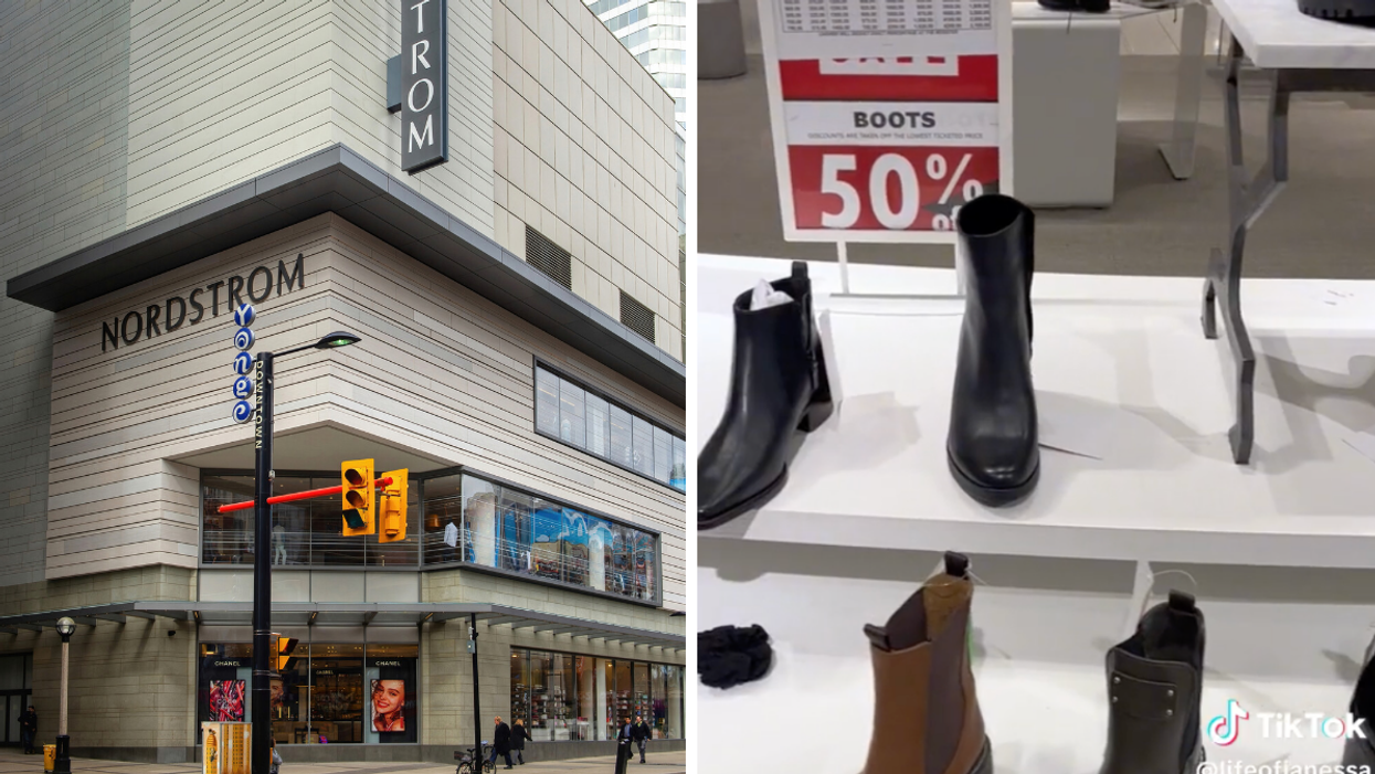 A Nordstrom store in Canada. Right: Discounted boots at Nordstrom.