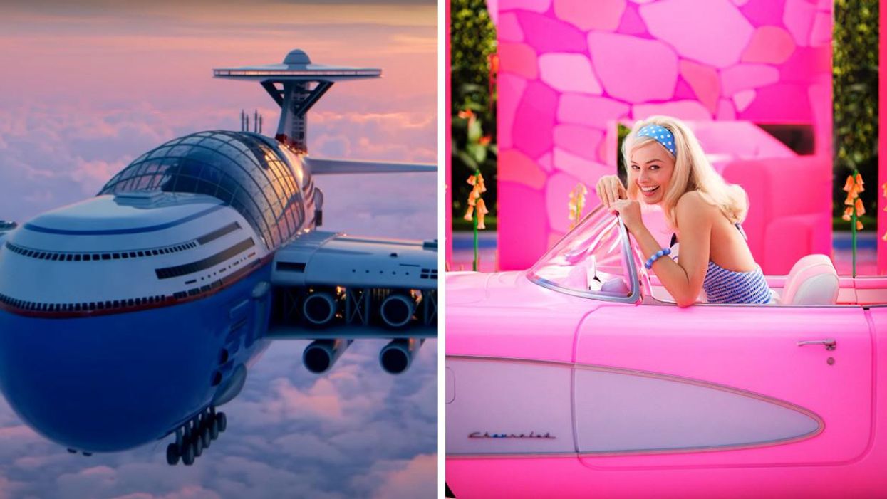 A nuclear-powered sky hotel concept. Right: Margot Robbie as Barbie.