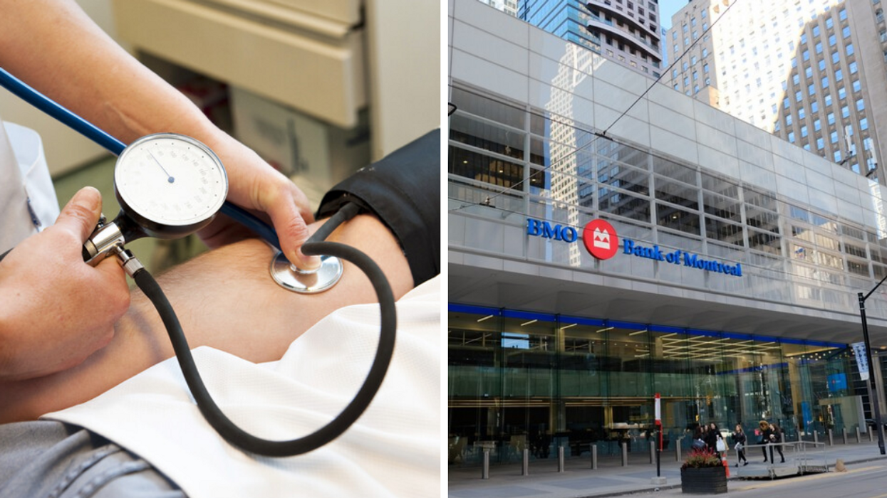 A nurse checking blood pressure of a patient. Right: A BMO location in Canada.