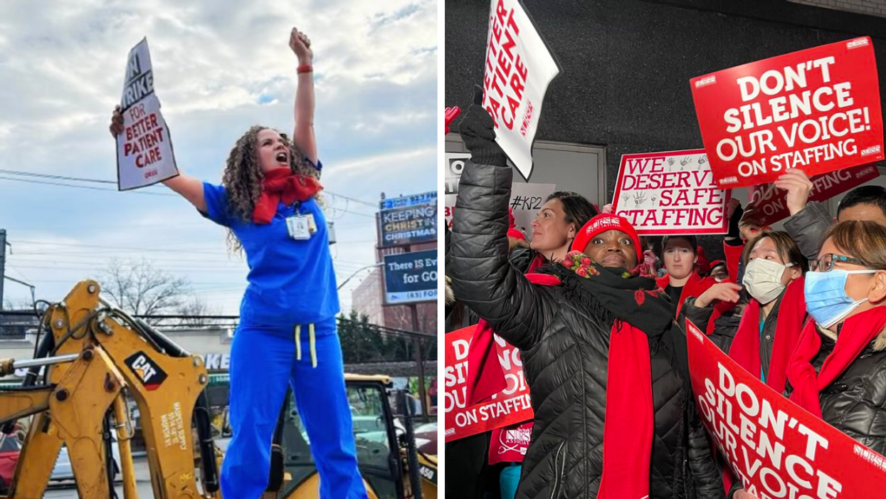 A nurse in scrubs on strike. Right: A group of people on strike.
