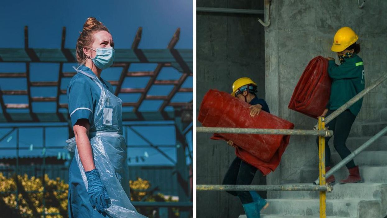 A nurse, Right: essential workers.