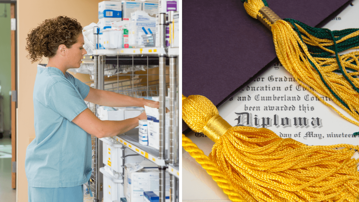 A nurse working. Right: A diploma.