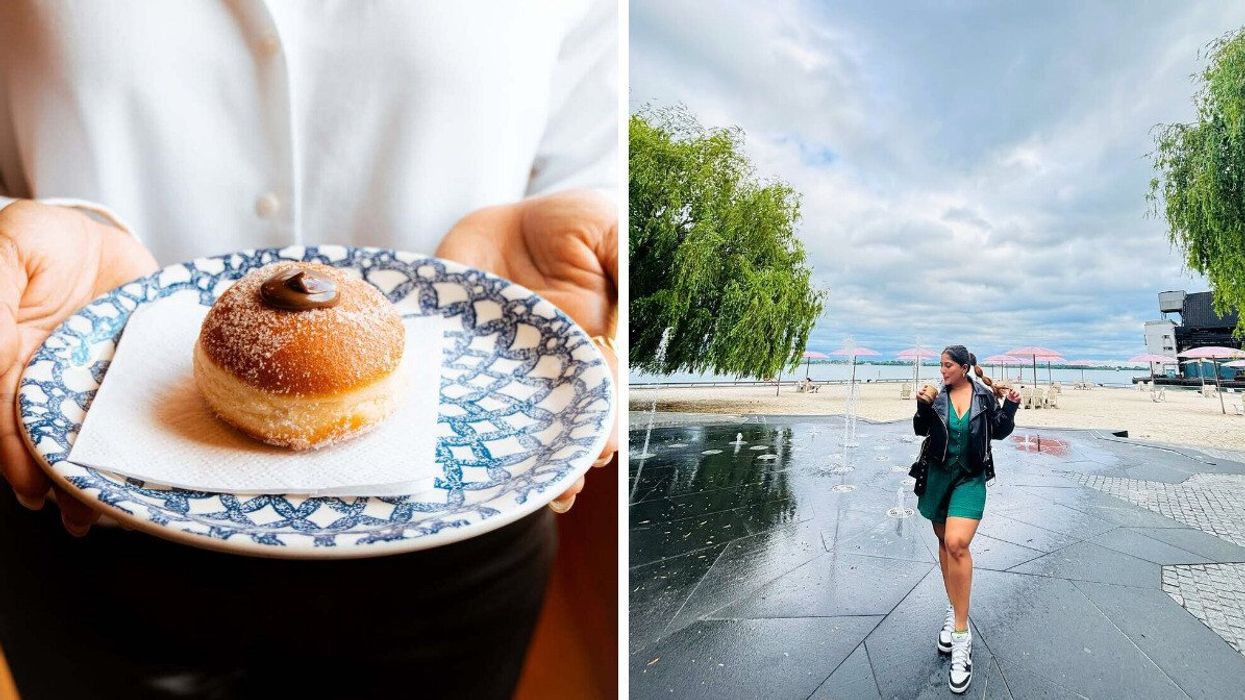 A Nutella bombolone sitting on a napkin on a blue plate, held by a person wearing a white shirt. Right: A woman wearing green sips a takeout coffee in front of the pink umbrellas of Toronto's Sugar Beach.