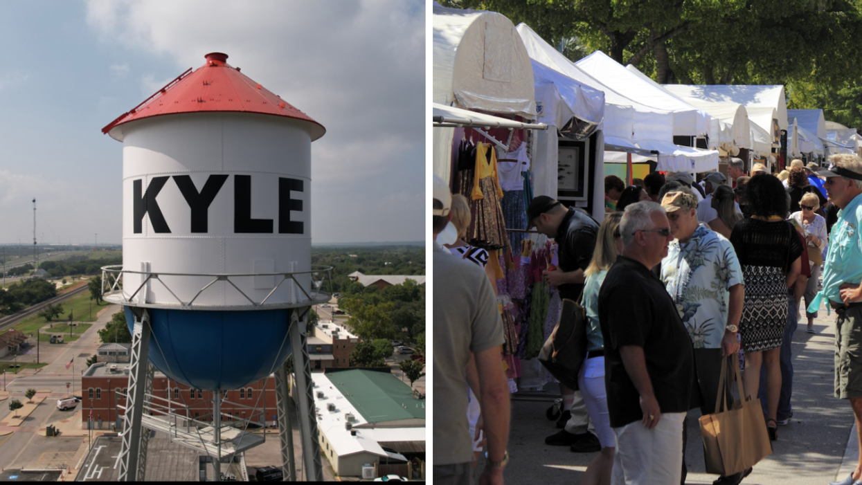 A oil rig that says "KYLE". Right: People at a festival.