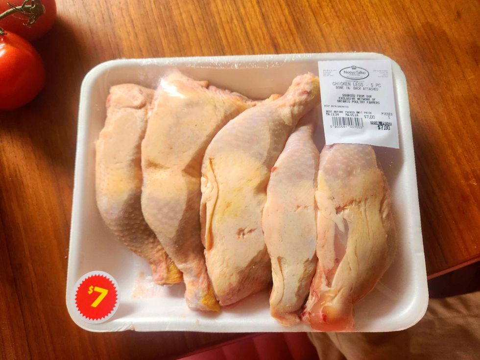 A pack of five chicken legs for $7.00 from Nosso Talho.