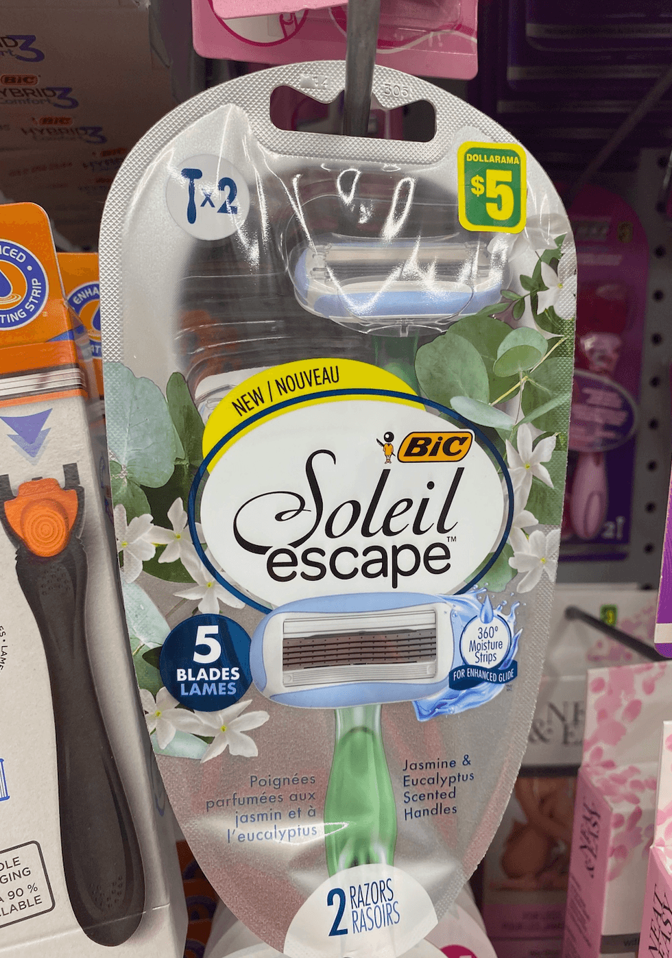 A pack of razors on sale at a store.