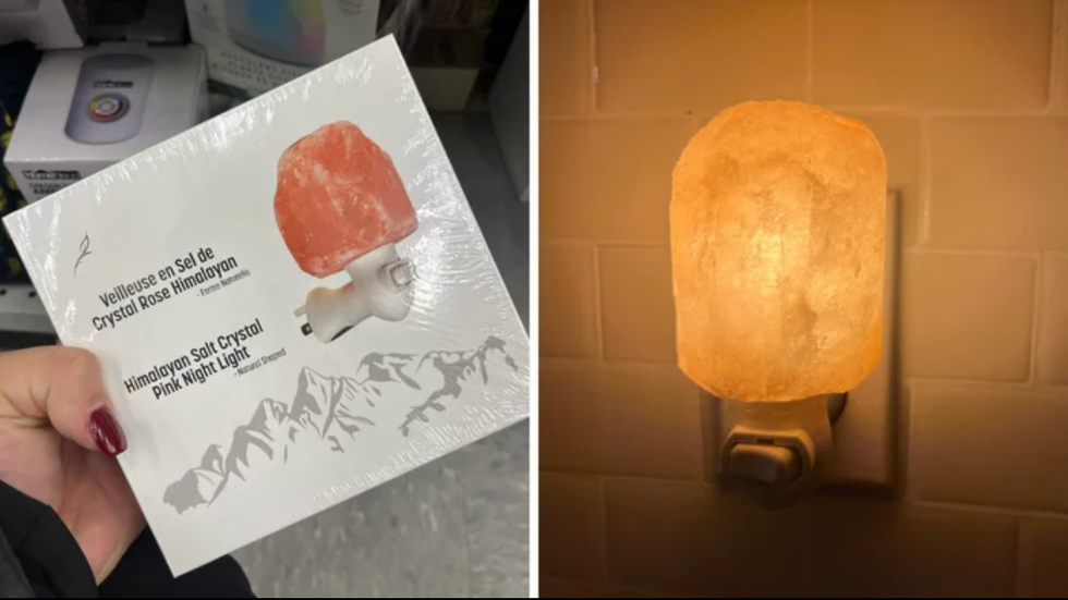 A package for a salt lamp from Dollarama. Right: The salt lamp plugged in.