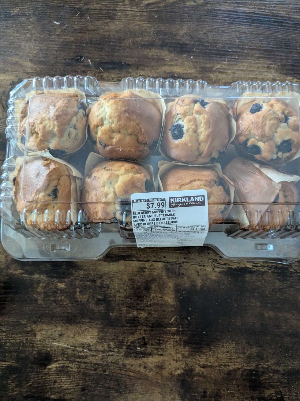 A package of blueberry muffins from Costco on a counter