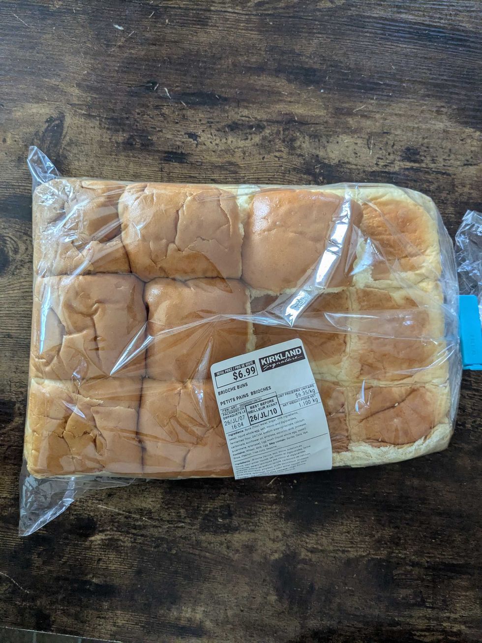 A package of brioche buns from Costco sitting on a counter