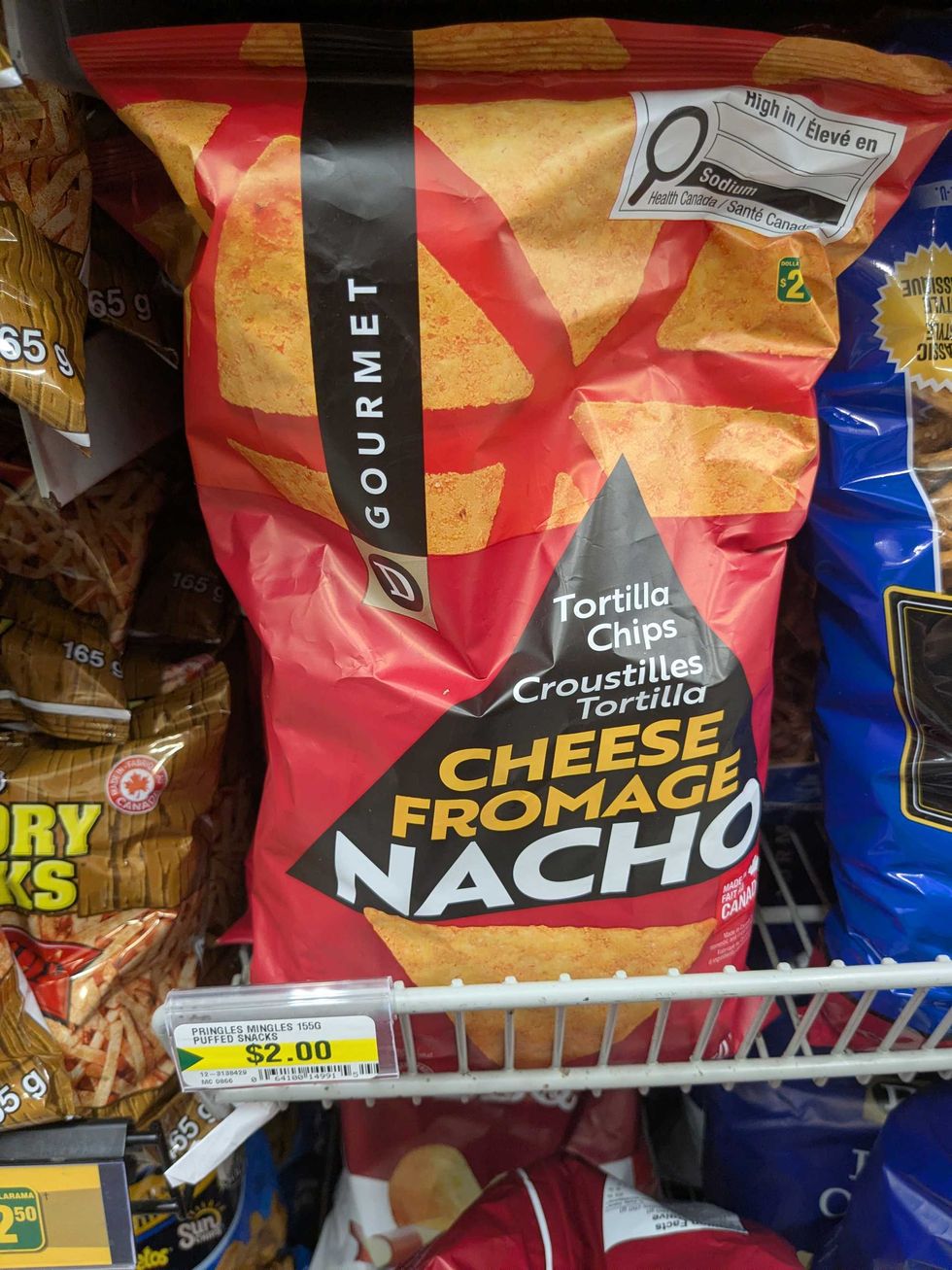 A package of chips on the shelf at Dollarama