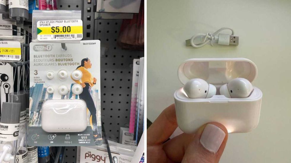 A package of white earbuds hanging on a store shelf. Right: A hand holding white earbuds in a case.