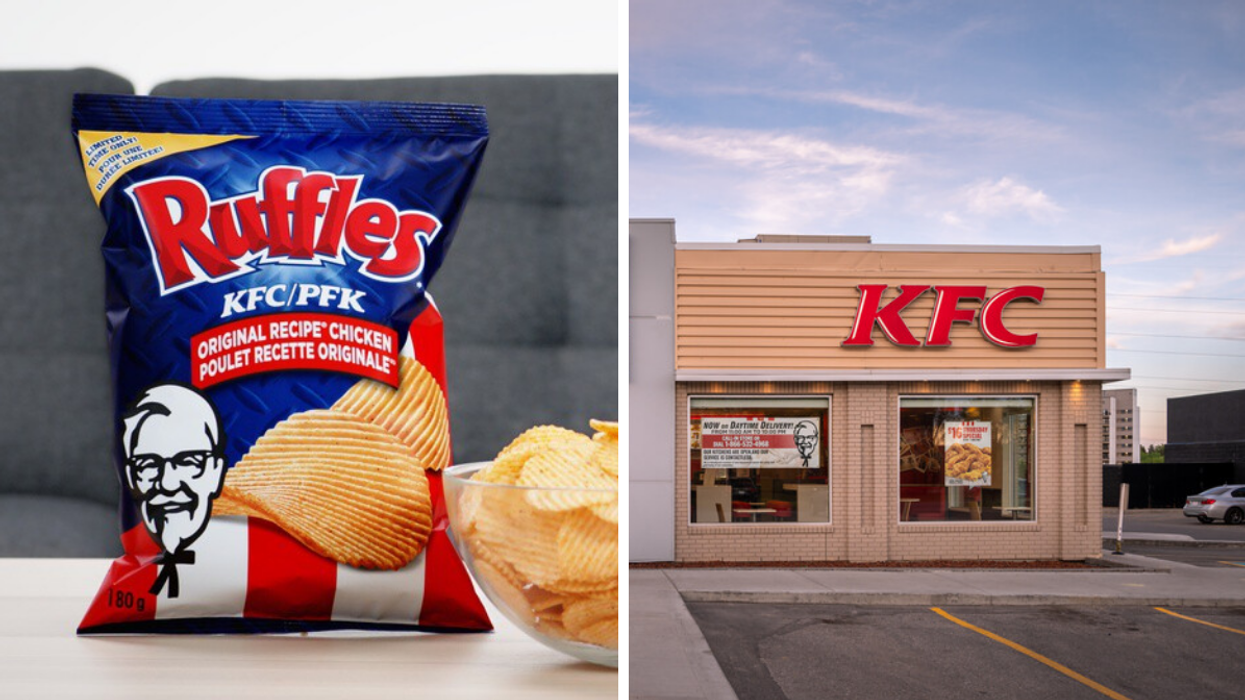 A packet of the Ruffles KFC Original Recipe Chicken chips. Right: A KFC store in Calgary.