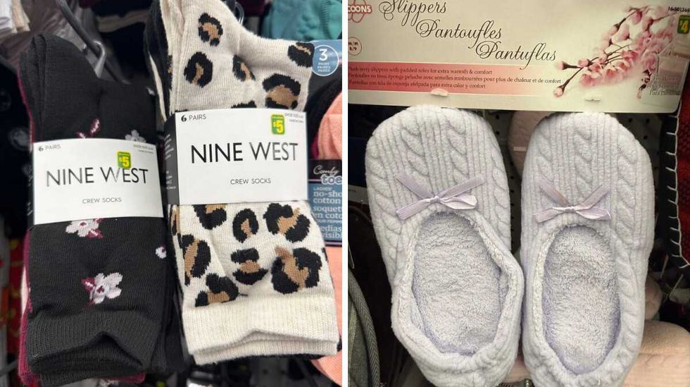 A pair of black socks with butterlies on them hanging next to a leopard-print pair of socks, both with Nine West Crew Socks writing. Right: Two pale-purple slippers with bows hanging on a store shelf.