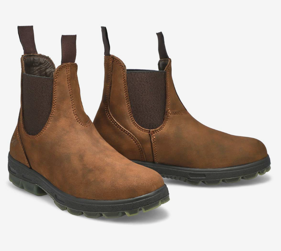 A pair of brown and black Chelsea boots from SoftMoc.
