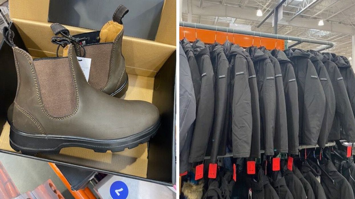 A pair of brown boots inside a box on display at Costco. Right: Black winter jackets hanging on display at Costco.