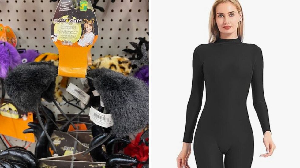 A pair of costume cat ears at Dollarama. Right: A full-body leotard on Amazon.