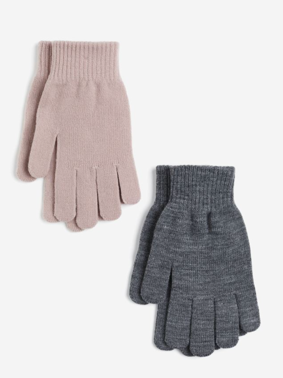A pair of dusty rose gloves and a pair of grey gloves.