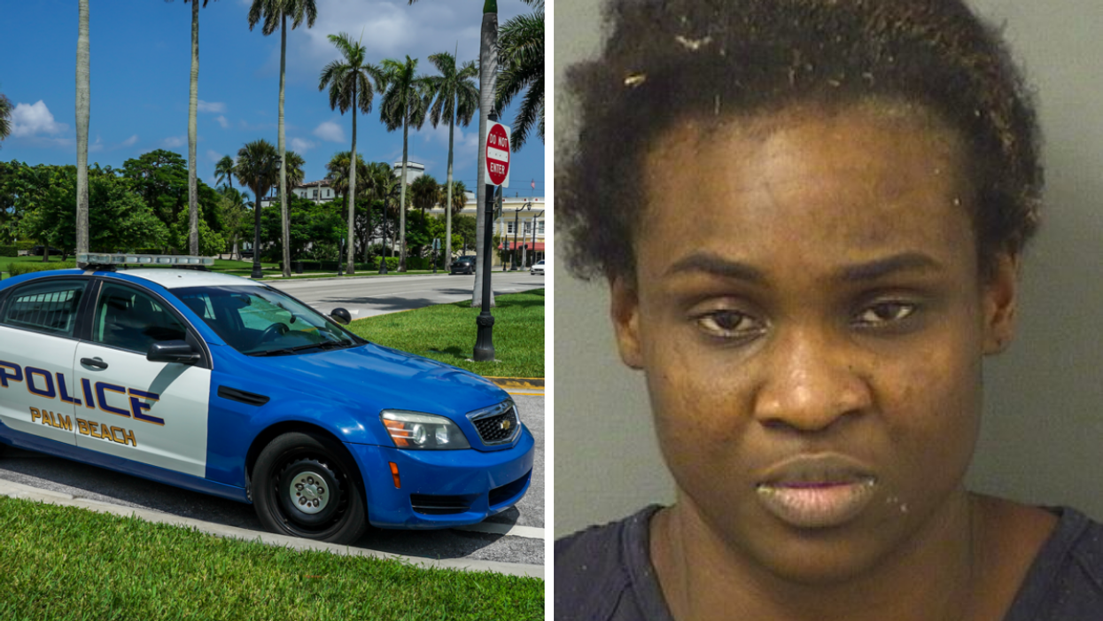 A Palm Beach Police car. Right: The woman's mugshot.