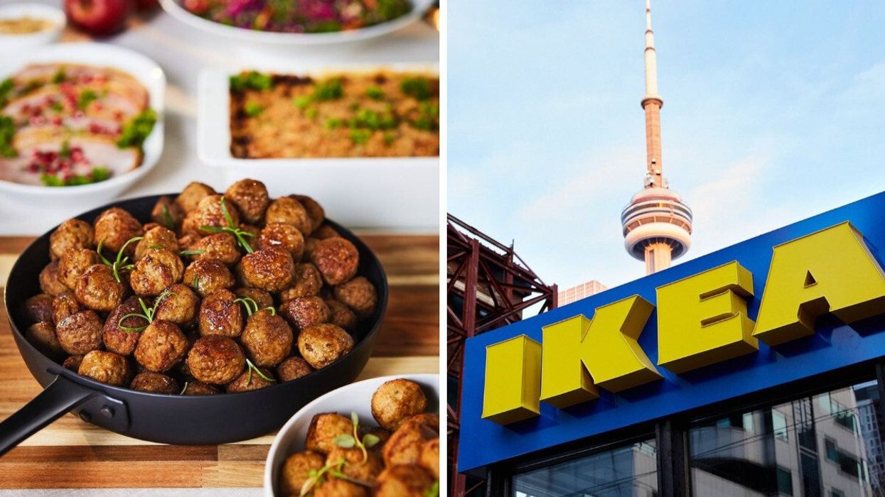 A pan filled with Swedish meatballs from IKEA on a table. Right: An IKEA sign with the CN Tower in the background.