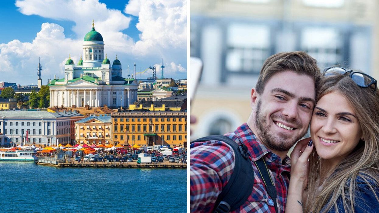 A panorama of Old Town pier in Helsinki, Finland. Right: A couple of tourists taking a selfie on their trip.
