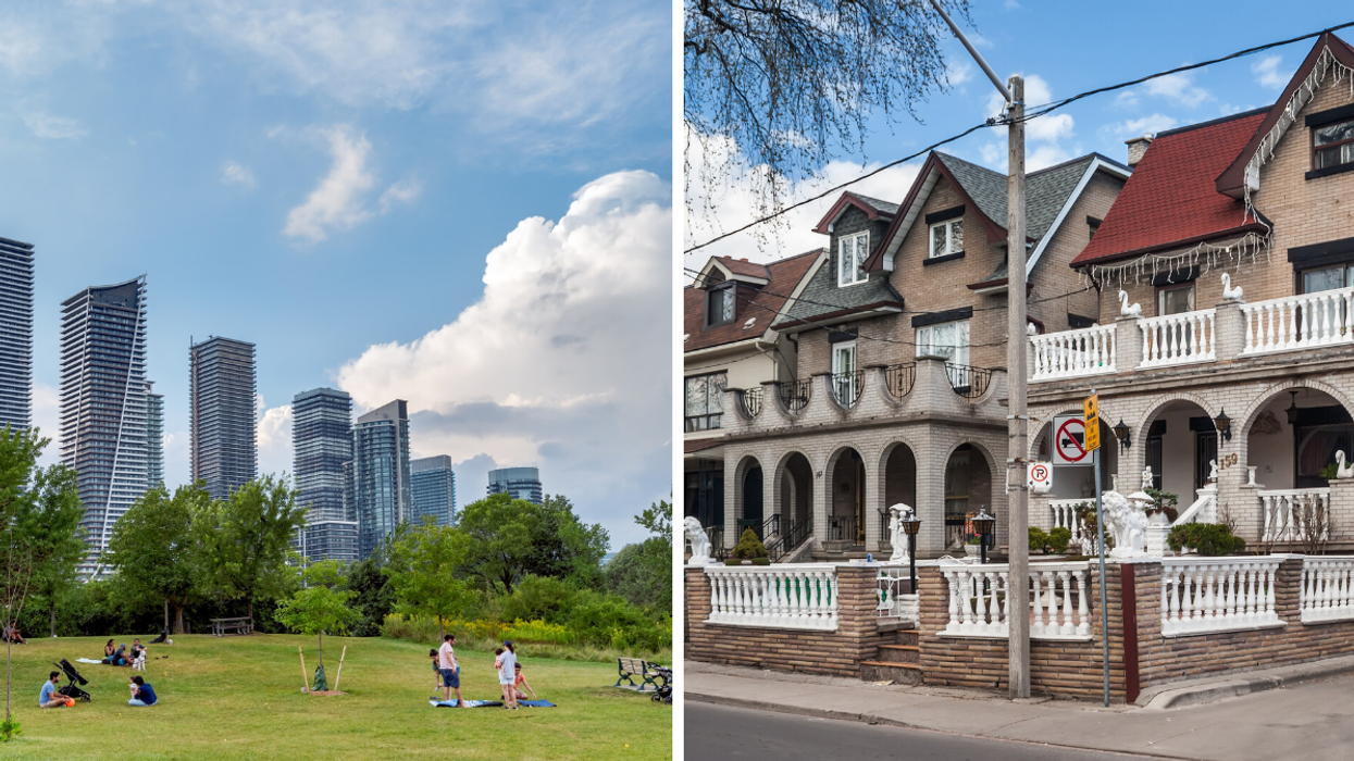 A park in Etobicoke. Right: A row of houses in Toronto neighbourhood, Little Italy.