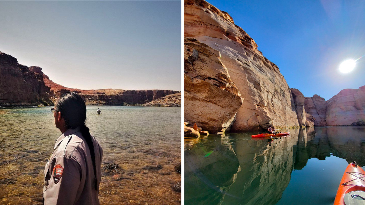 A park ranger at Glen Canyon National Park. Right: People kayaking in Glen Canyon National Park.