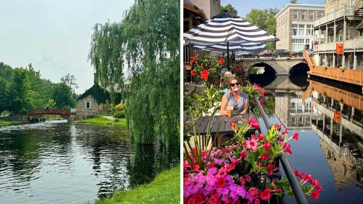 A park with a stone building and bridge. Right: A person sitting on a patio by a canal.