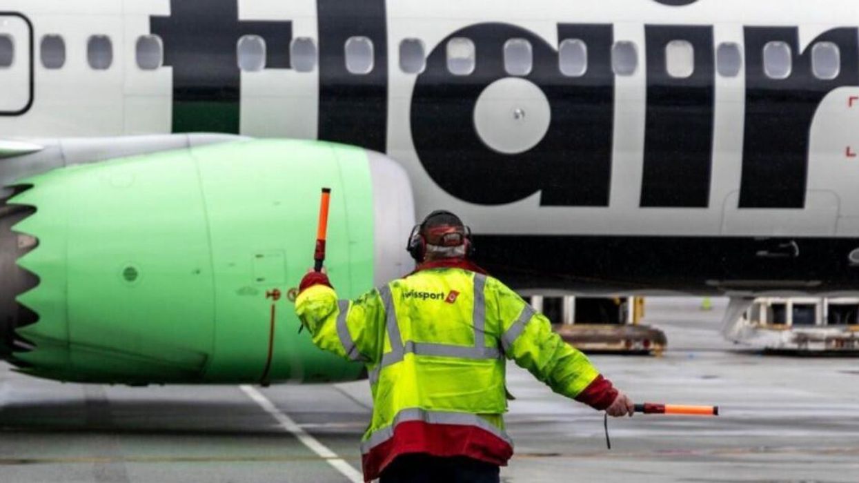 A parked Flair Airlines plane.