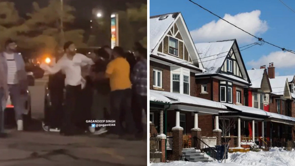 A parking lot brawl in Brampton. Right: Snow-covered homes in Canada.