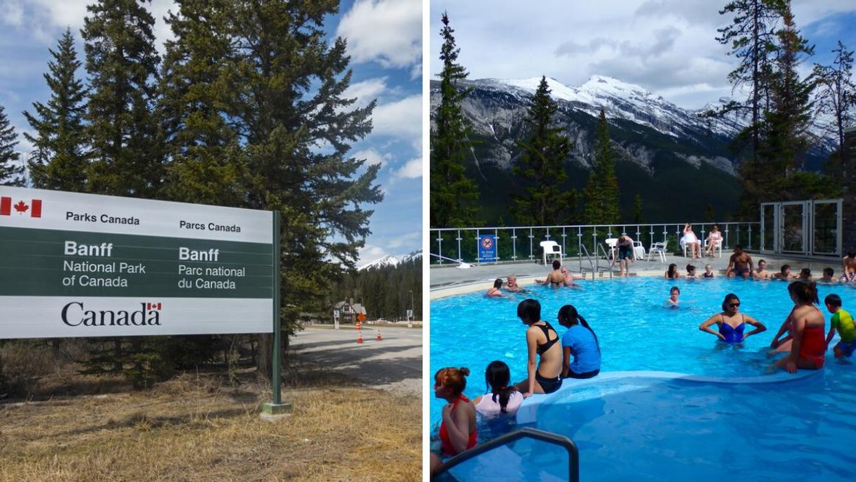 A Parks Canada sign at Banff. Right: Banff Hot Springs.