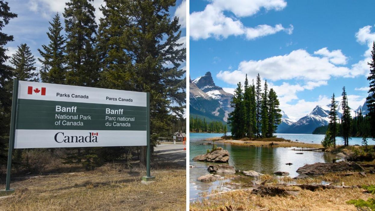 A Parks Canada sign for Banff. Right: Spirit Island in Jasper National Park.