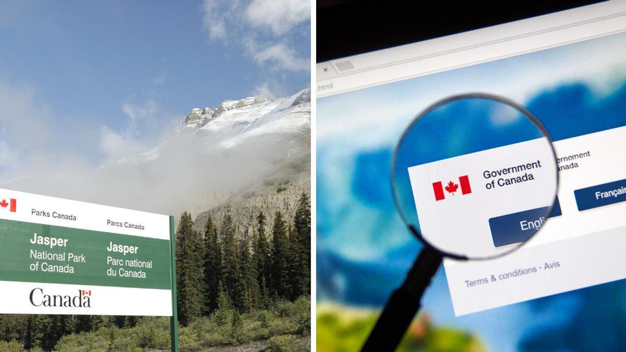 A Parks Canada sign for Jasper National Park. Right: The Government of Canada website.