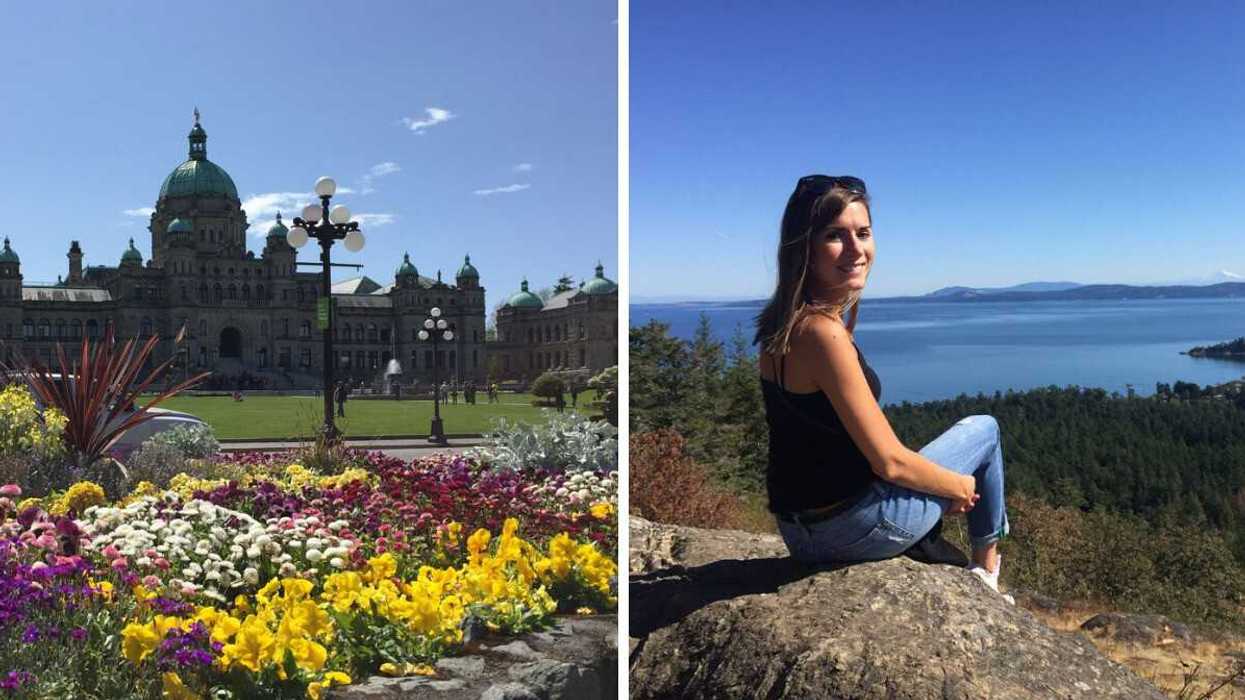 A parliament building with a large assortment of colourful flowers in front. Right: A woman in a black tank top and jeans sitting on a rock with the ocean behind her.