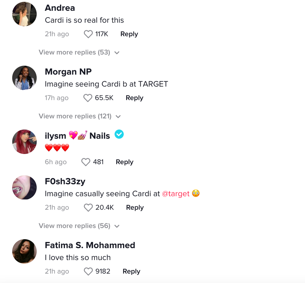 A part of the comment section on Cardi B's TikTok.