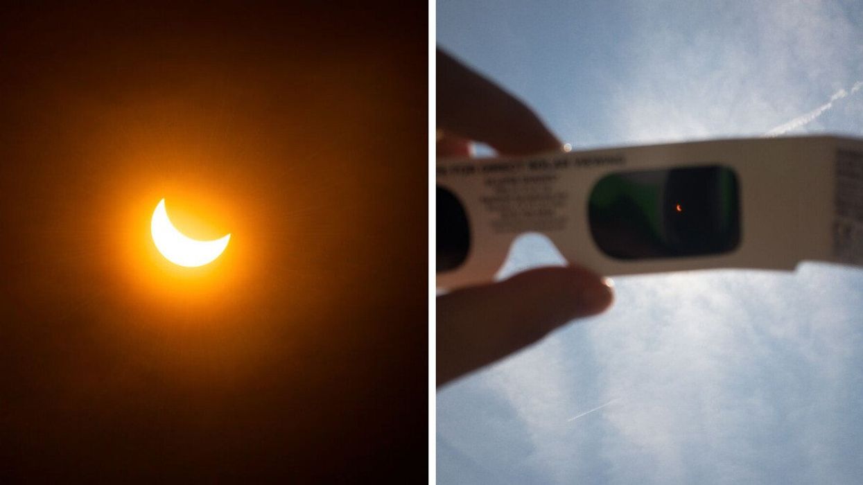 A partial solar eclipse. Right: A person looks at the sky with eclipse glasses.