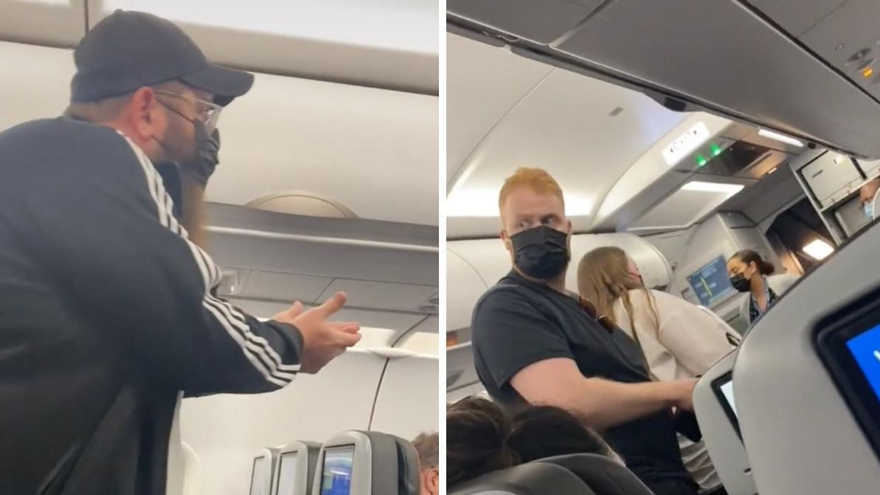 A passenger pleading to get off a JetBlue plane. Right: Passengers standing up on the plane.