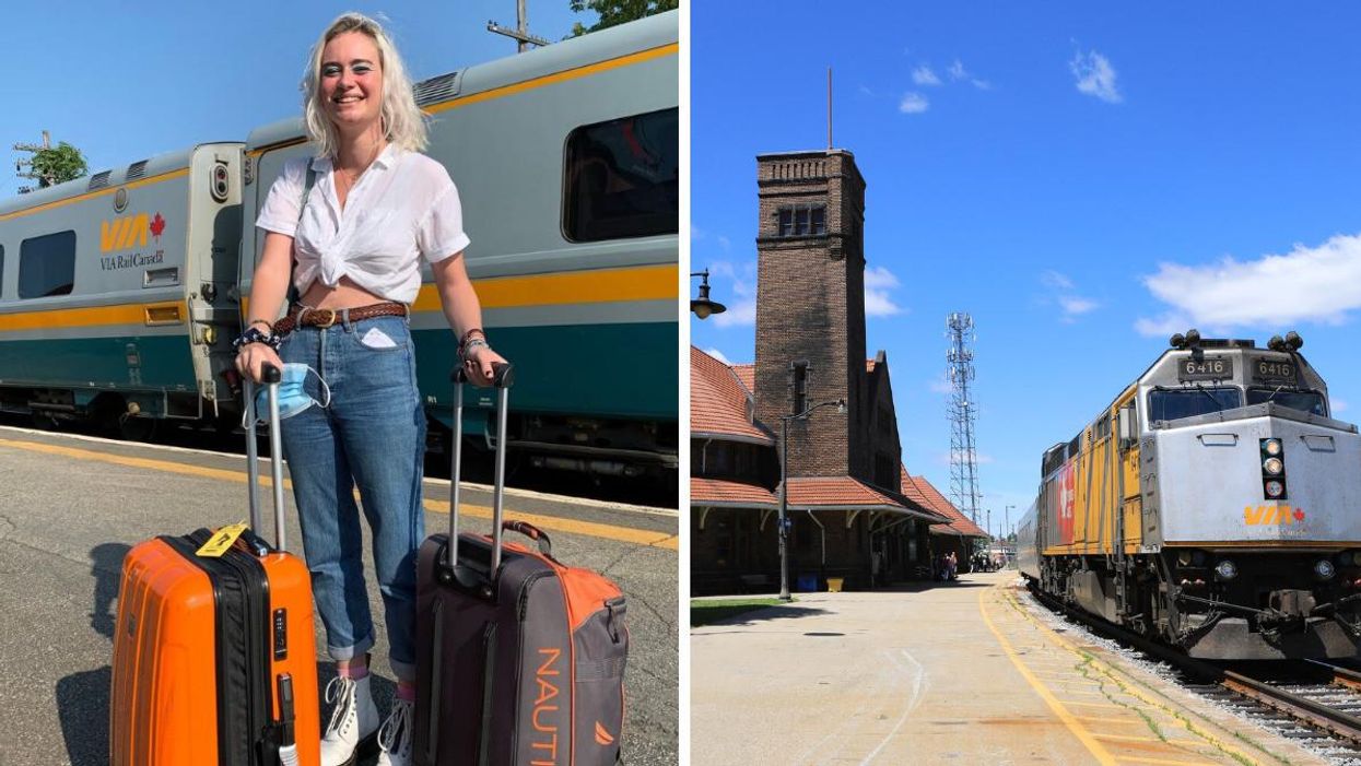 A passenger with their bags in front of a Via Rail train. Right: A VIA Rail train in Brantford, Ontario.