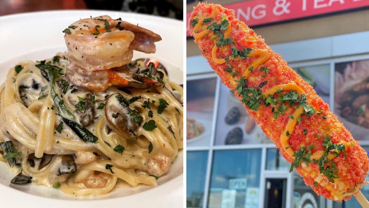 A pasta fish from Fanzorelli's Restaurant. Right: Elote from Green Bites Dumpling & Tea Bar.
